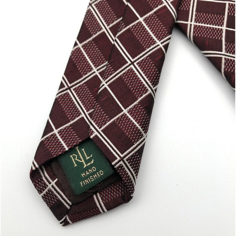VTG Lauren Ralph Lauren Tie Burgundy Plaid Diamond 100% SILK Made USA Hand Finis